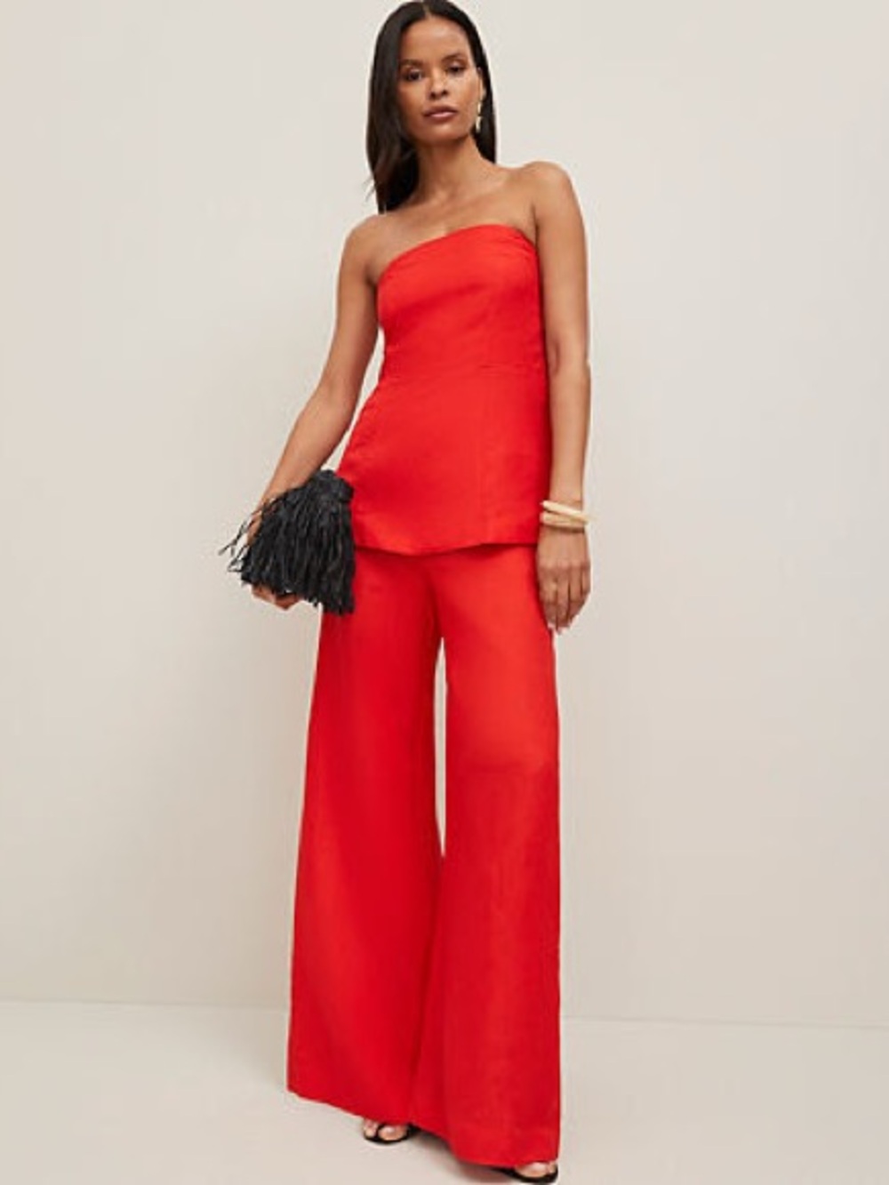 Strapless Linen Blend Tunic Top and Wide-leg Linen Blend Palazzo Pant  - Red
